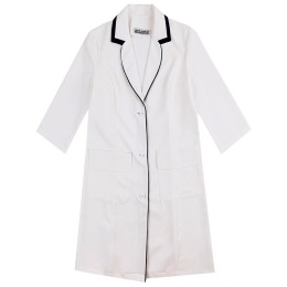 Manufacture three-quarter sleeve one-piece white robe Personally designed back adjustment button black edging Doctor's robe garment factory SKU035 Manufacture three-quarter sleeve one-piece white robe Personally designed back adjustment button black edging Doctor's robe garment factory SKU035